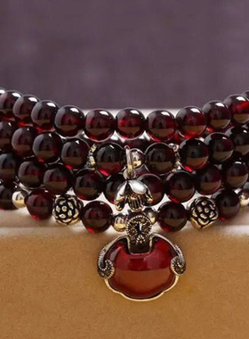 天然酒红石榴石手链女男三圈四圈多圈多层手串10