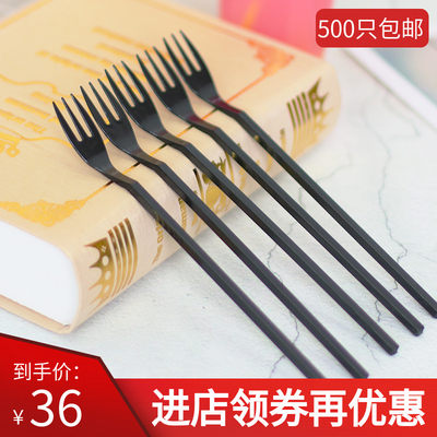 水果叉子19cm大三齿叉一次性独立装500只黑透明塑料沙拉长柄叉子 虎窝淘