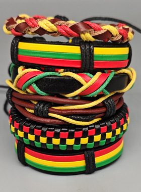 网红牙买加可调手环红黄绿拼色撞色编织皮革手链网红街舞多巴胺