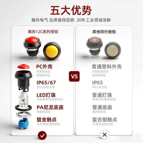 HS 12MM自复位自锁球面金属按钮开关小型不带灯防水塑料开关按键 - 图2