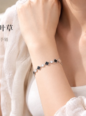 S999足银四叶草手链女轻奢高级时尚手串复古小众百搭竹节手饰