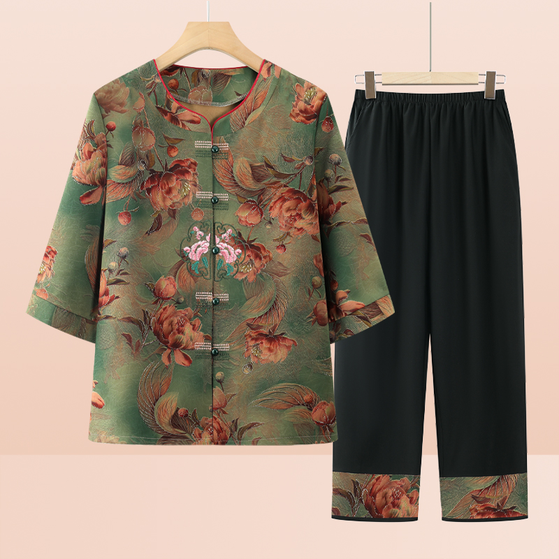 新中式国风妈妈夏装2025新款套装洋气中老年人女奶奶夏季短袖t恤 - 图0