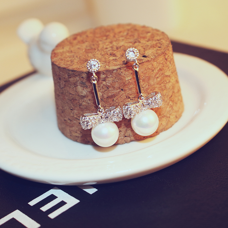 925纯银针耳环法式复古珍珠明星同款耳饰女蝴蝶结锆石耳钉显脸瘦