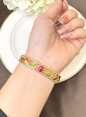 沙金镀18k手镯中国风镶锆滴油龙凤镯子女国潮久不掉色手饰品