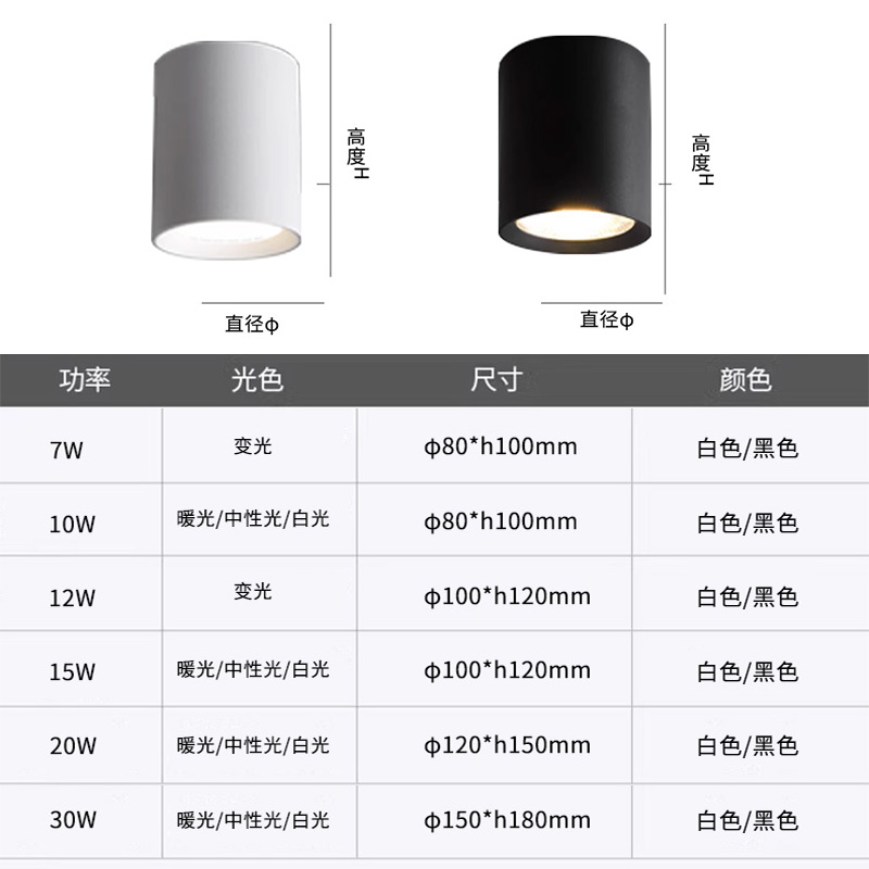 黑色明装射灯防眩店铺商用圆筒灯免开孔吸顶筒灯圆形家用led桶灯