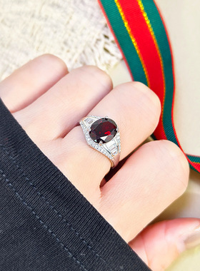 s925纯银戒指女镶嵌8*10mm天然水晶石托帕石感指环小红书爆款