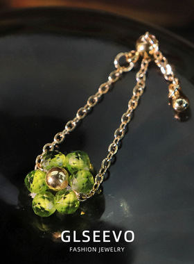 绿色锆石铜链戒指女18K镀金开口可调节指环小众花朵设计链条尾戒