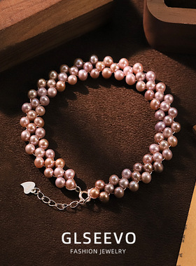 原创紫色天然珍珠s925纯银手链轻奢百搭手镯小众感手串手饰品