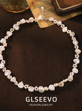 原创天然珍珠花朵编制项链女轻奢小众设计脖颈链感百搭锁骨链