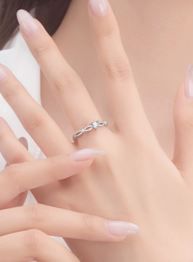 韩版交织缠绕戒指s925纯银镶天然白水晶小众时尚简约可调节指环女