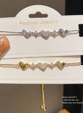 14k真金电镀锆石爱心手链欧美复古简约时尚手环轻奢感手饰女