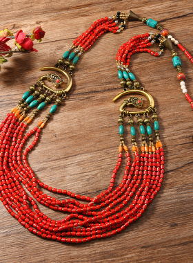 重手工串珠多层项链藏族蒙古复古民族风长款璎珞战国袍中式毛衣链