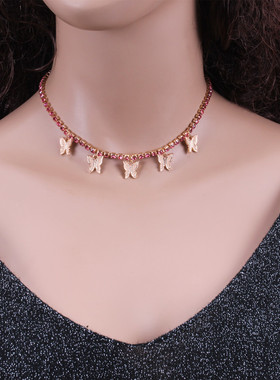 欧美跨境饰品 个性几何单层立体水钻项饰 气质镶钻小蝴蝶流苏项链