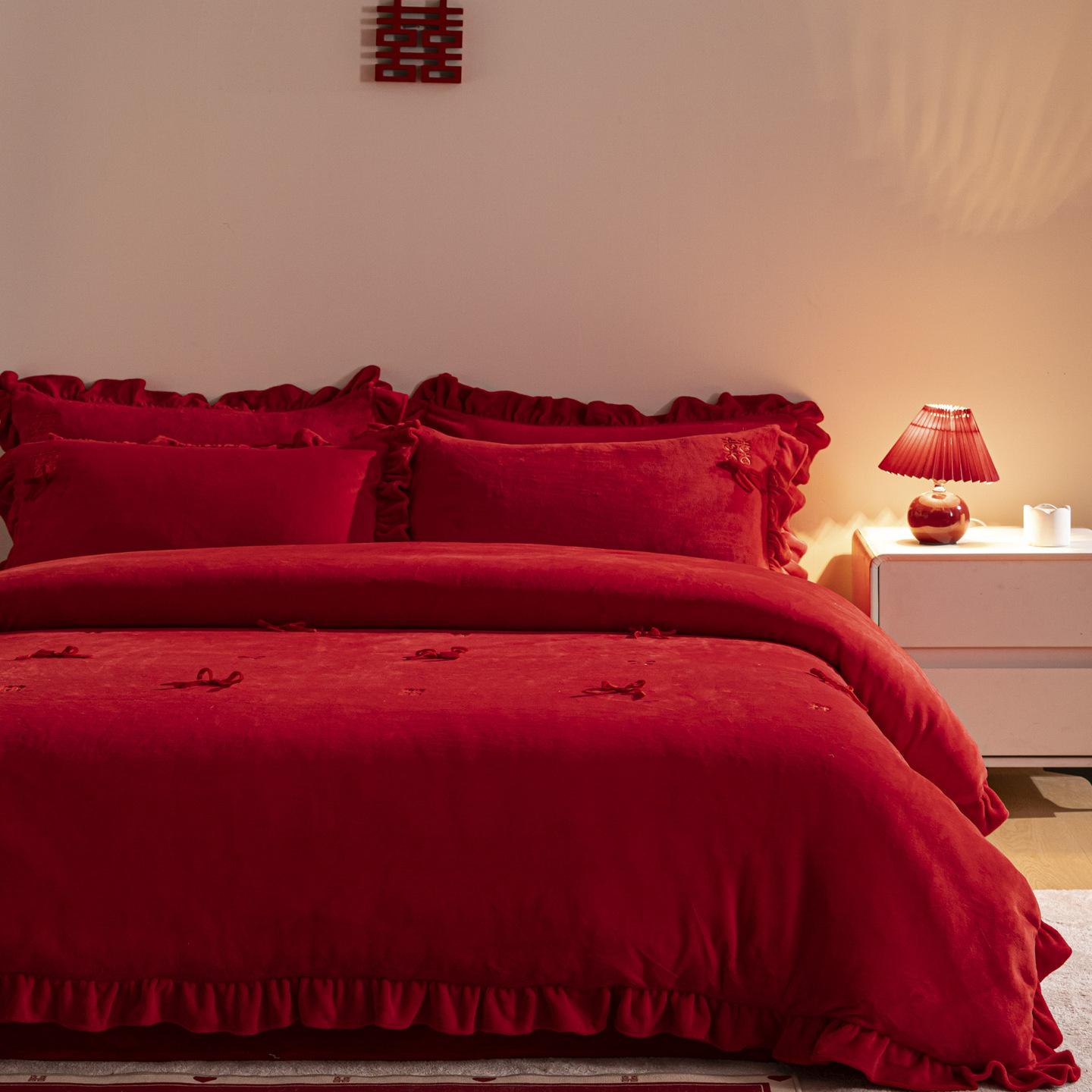 法式浪漫结婚牛奶绒床单四件套加厚保暖珊瑚绒被套婚嫁大红色床品 - 图3