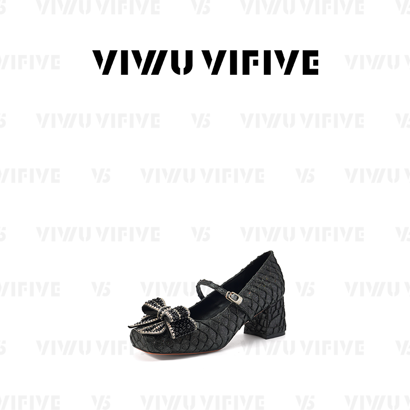 V5 VIWU·VIFIVE「梵希」玛丽珍鞋小香风鱼皮珍珠蝴蝶结粗跟单鞋,淘宝优惠券,粉丝福利购,淘宝优惠卷