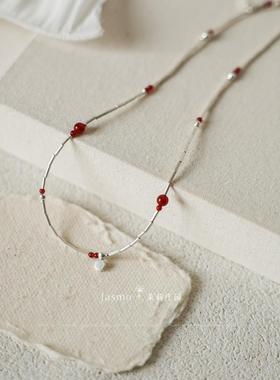 红色红玛瑙天然石纯银项链