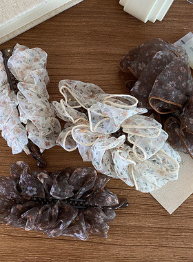 法式复古欧根纱褶皱碎花香蕉夹温柔复古高马尾发夹竖夹发饰新款