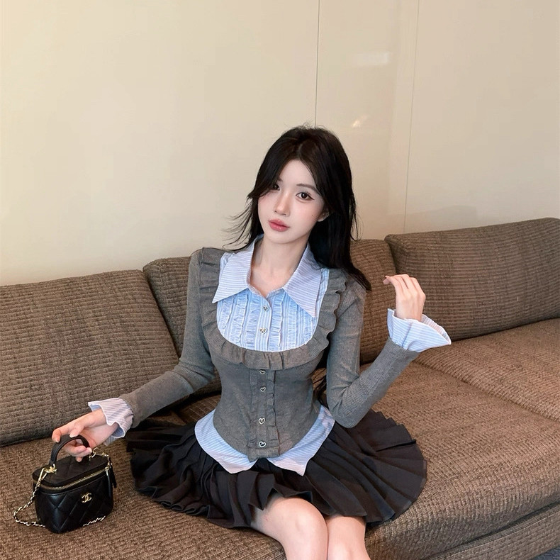 TMP 甜莓派-件打底女内搭木耳边条纹拼接喇叭长袖上衣小衫LL7710,淘宝优惠券,粉丝福利购,淘宝优惠卷