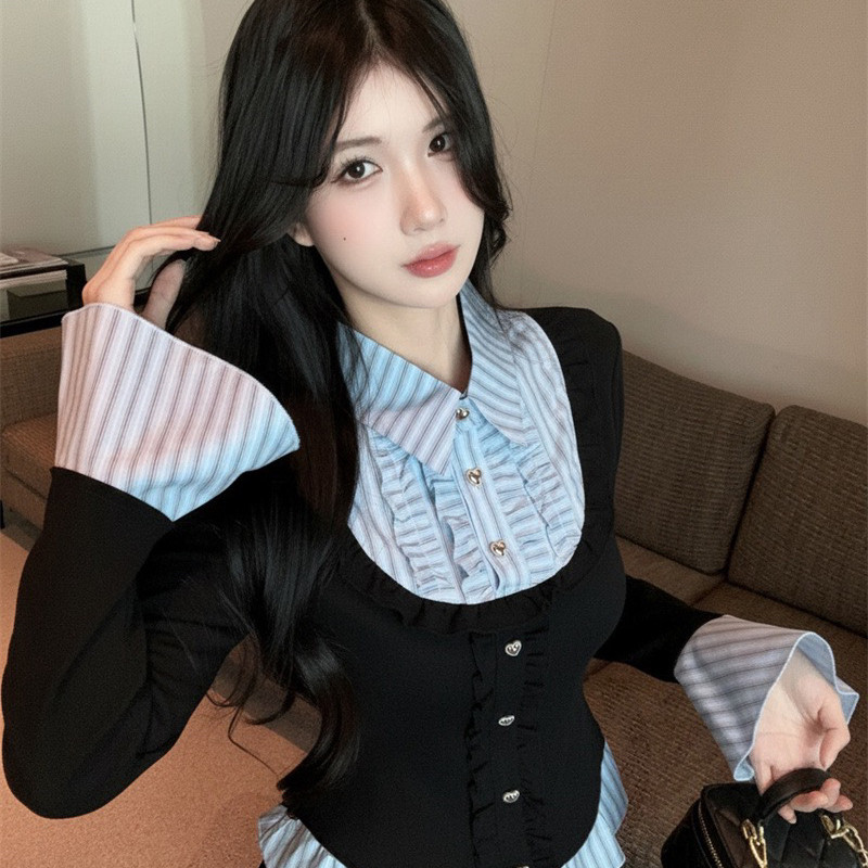 TMP 甜莓派-件打底女内搭木耳边条纹拼接喇叭长袖上衣小衫LL7710,淘宝优惠券,粉丝福利购,淘宝优惠卷