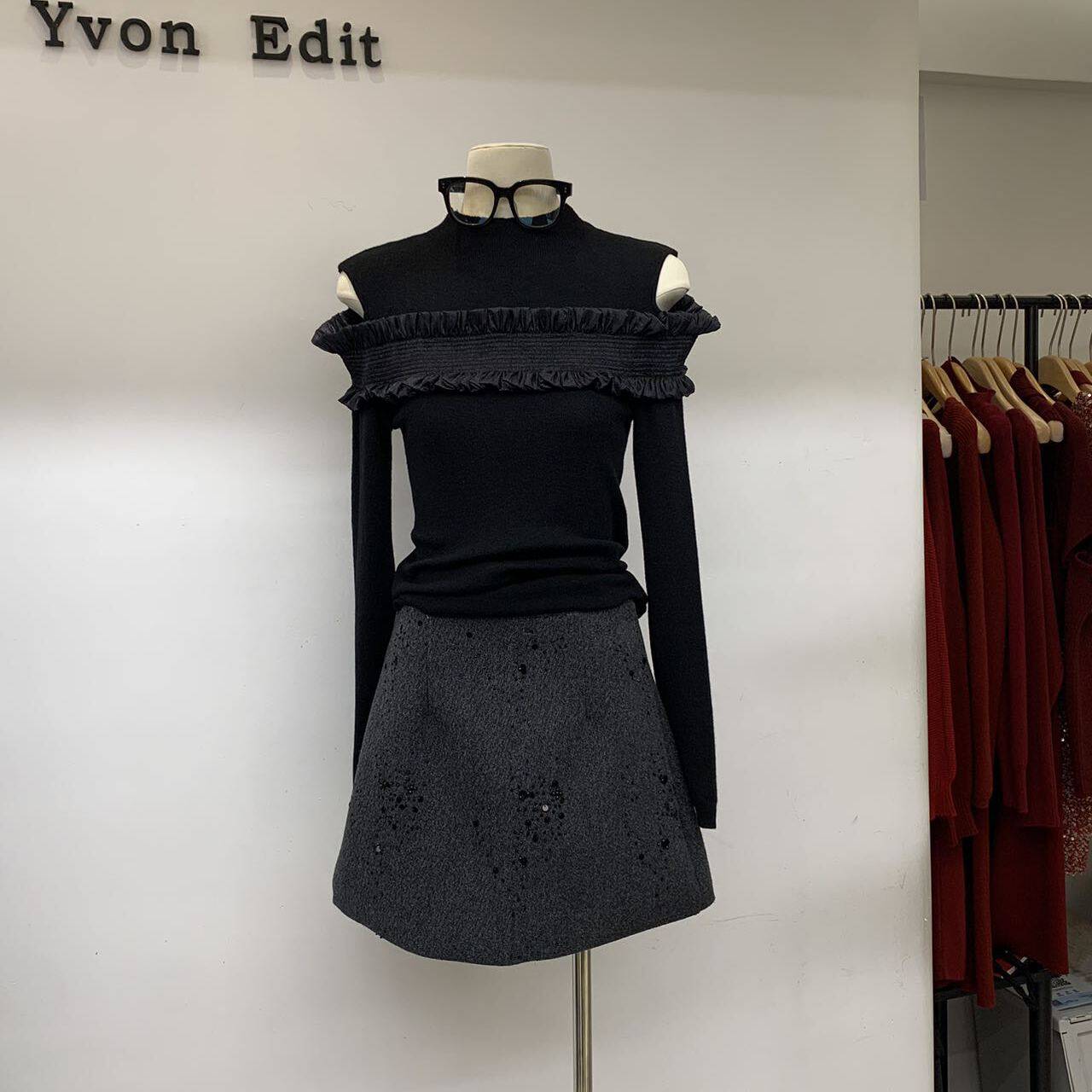 一丸 Yvon edit-早春上新露肩花边袖羊毛上衣针织衫（含6羊毛）73,淘宝优惠券,粉丝福利购,淘宝优惠卷