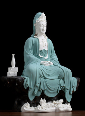 陶瓷坐岩禅定观音摆件 德化白瓷自在观音佛像雕塑客厅玄关装饰品