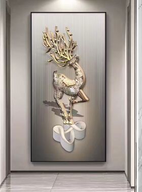 玄关装饰画轻奢五福招财鹿晶瓷画