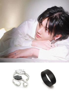 Build同款双黑白锆石网格戒指环