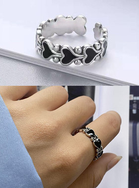 朴宰灿银黑爱心滴油钻戒指环