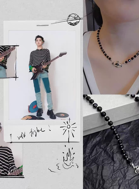 华晨宇同款黑珠星球颈项链圆钓扣珍珠耳环套装2025火星音乐节周边