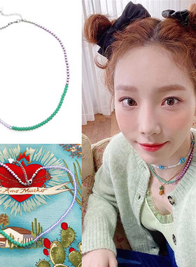 防弹少年团金泰亨圈紫粉绿米项链