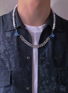 INTO1米卡同款国潮松石圆珠钛钢蝴蝶古巴项链男女个性嘻哈时尚新