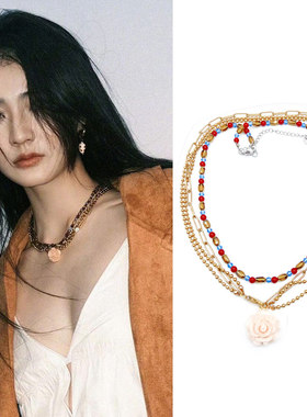 徐璐同款玛瑙水晶多层茶花项链圈
