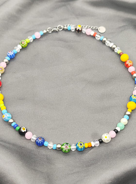 朴宰范同款琉璃花串彩珠项链锁骨