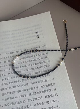 银伯伯S925银韩系小众轻奢天然珍珠黑尖晶颈锁骨链简约大方百搭款