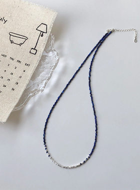 S925银碎银子青金石项链渐变蓝色串珠锁骨链小众精致百搭通勤时尚
