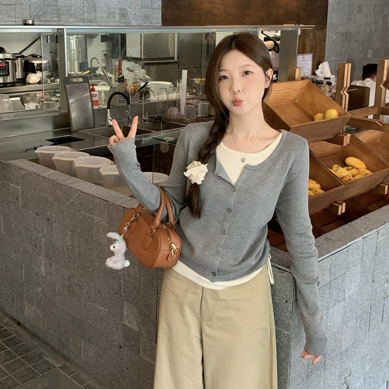 实拍~秋冬新款大码长袖针织衫收腰显瘦假两件毛衣撞色抽绳百搭T恤,淘宝优惠券,粉丝福利购,淘宝优惠卷