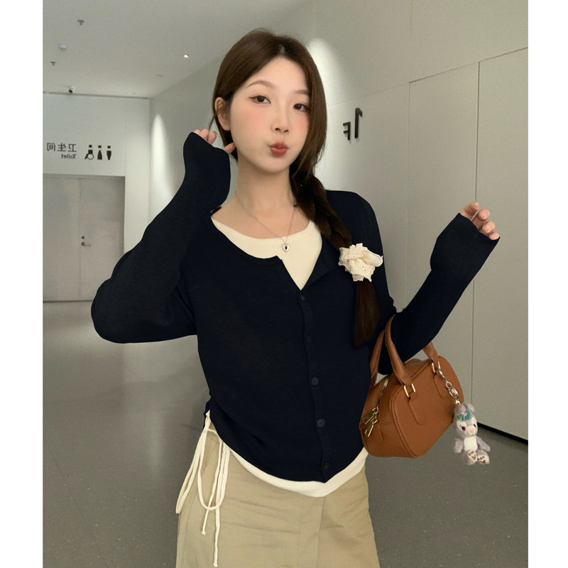 实拍~秋冬新款大码长袖针织衫收腰显瘦假两件毛衣撞色抽绳百搭T恤,淘宝优惠券,粉丝福利购,淘宝优惠卷