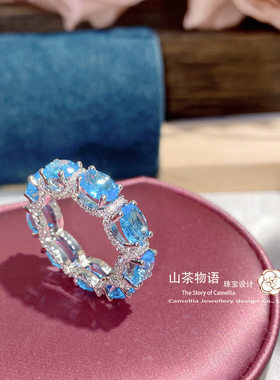 新款欧美微镶满钻海蓝排戒
