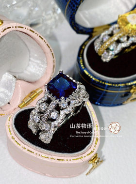 高定设计仿斯里兰卡蓝宝石戒指女