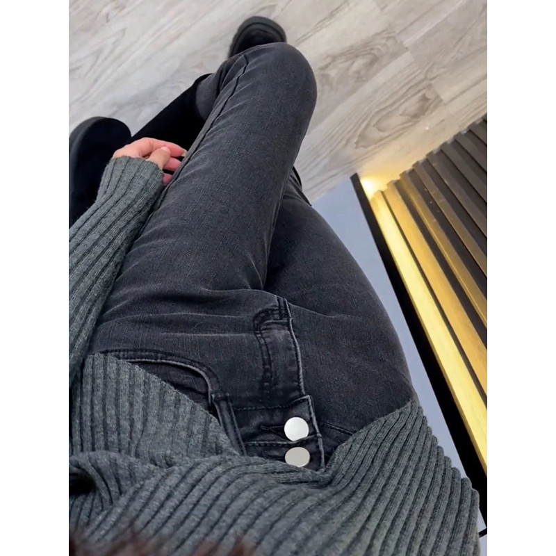 烟灰色牛仔裤女高腰秋冬加绒2025年新款弹力修身显瘦九分小脚裤子,淘宝优惠券,粉丝福利购,淘宝优惠卷