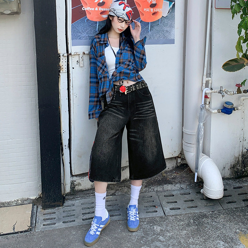 美式黑色牛仔七分裤女秋季秋冬2025新款复古宽松五分短裤直筒裤子,淘宝优惠券,粉丝福利购,淘宝优惠卷