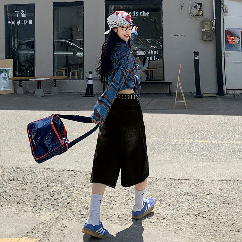 美式黑色牛仔七分裤女秋季秋冬2025新款复古宽松五分短裤直筒裤子,淘宝优惠券,粉丝福利购,淘宝优惠卷