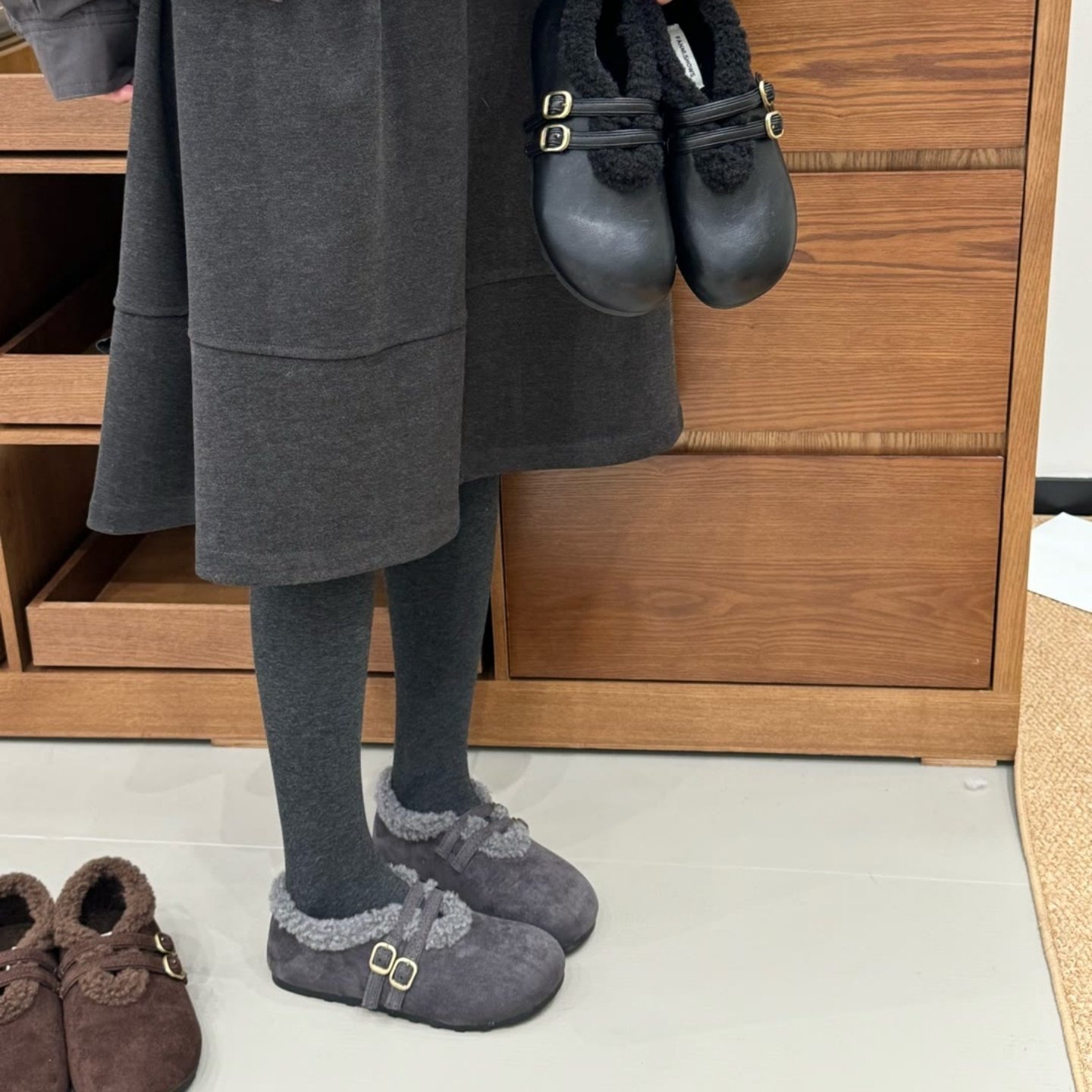 羊皮版~复古圆头平底勃肯鞋毛毛鞋女加绒乐福鞋冬季百搭保暖棉鞋,淘宝优惠券,粉丝福利购,淘宝优惠卷