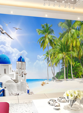 海景风景画背景墙欧式城堡壁纸壁画墙贴椰林地中海风格3D立体大海
