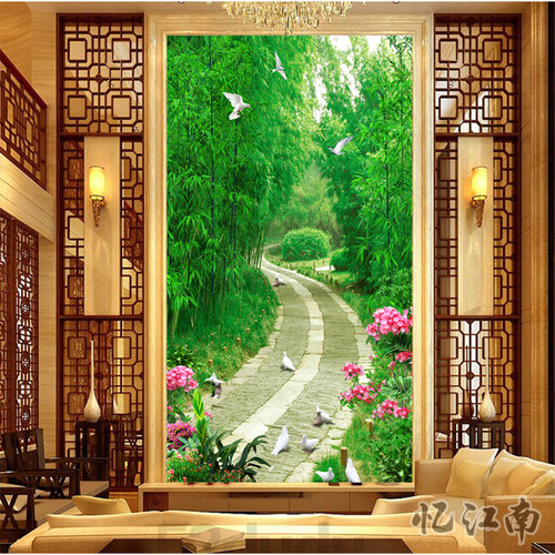 玄关林荫小道竹林小路麋鹿壁画自粘墙贴画3D立体墙纸过道走廊竖版 - 图2