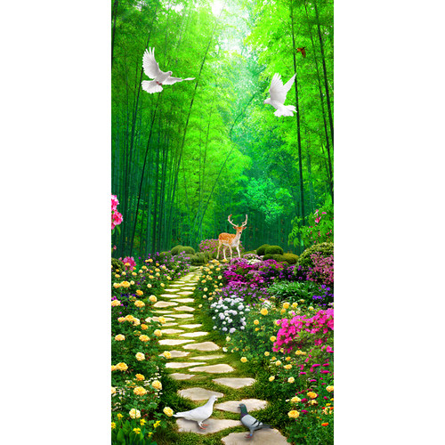 玄关林荫小道竹林小路麋鹿壁画自粘墙贴画3D立体墙纸过道走廊竖版 - 图3