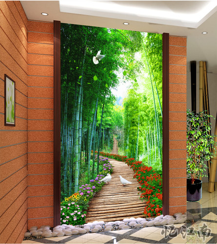 玄关林荫小道竹林小路麋鹿壁画自粘墙贴画3D立体墙纸过道走廊竖版 - 图1