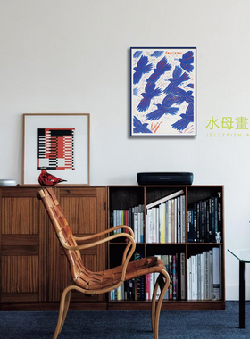飞鸟蓝色金属框客厅挂画卧室装饰画现代简约彩色中古小众ins