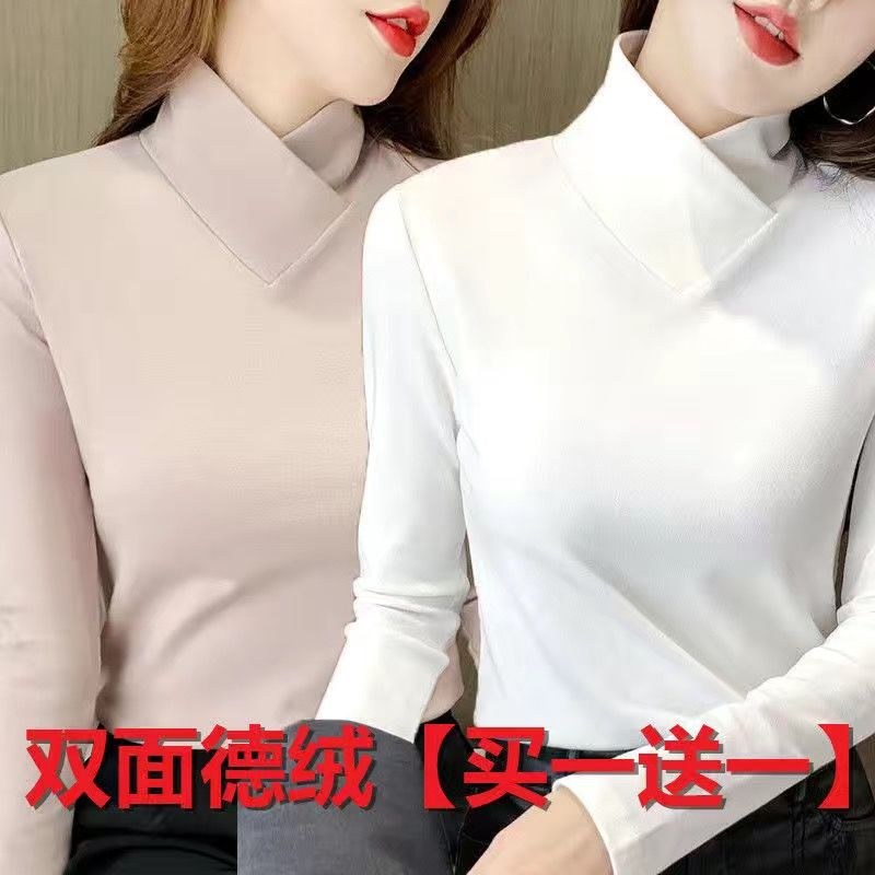 单/两件 半高领德绒打底衫女春秋季内搭交叉V领长袖t恤上衣女洋气