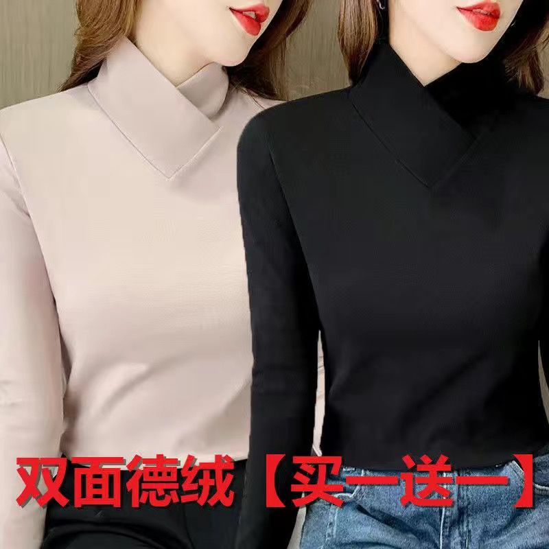 单/两件 半高领德绒打底衫女春秋季内搭交叉V领长袖t恤上衣女洋气